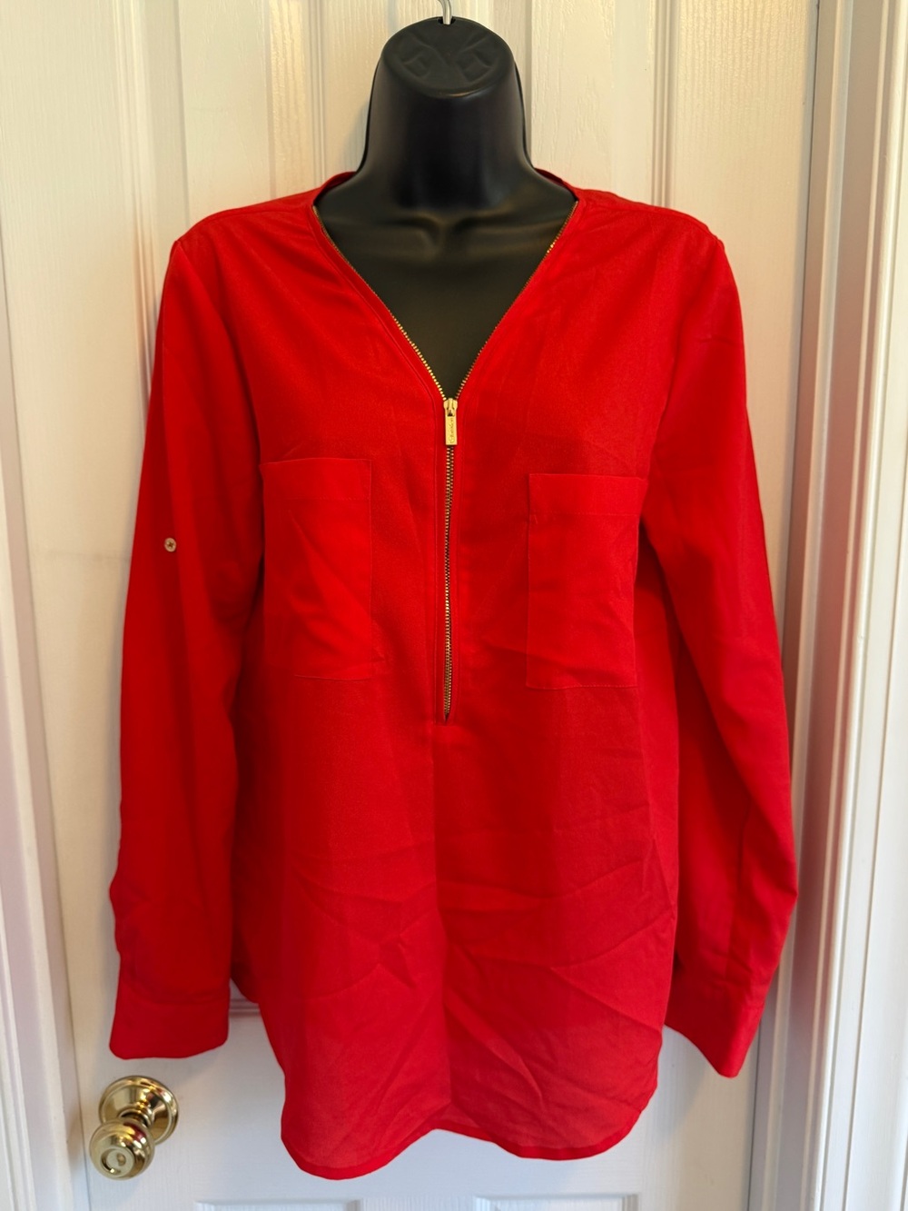 Calvin Klein Red Long-Sleeve Zip Front Women's Top
